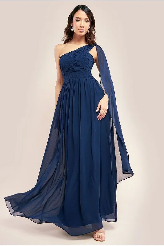 Dress for bridesmaid gorgeous style online -One Shoulder Pleated Chiffon Scarf Maxi - Navy by Goddiva Dress for bridesmaid gorgeous style online -One Shoulder Pleated Chiffon Scarf Maxi - Navy by Goddiva