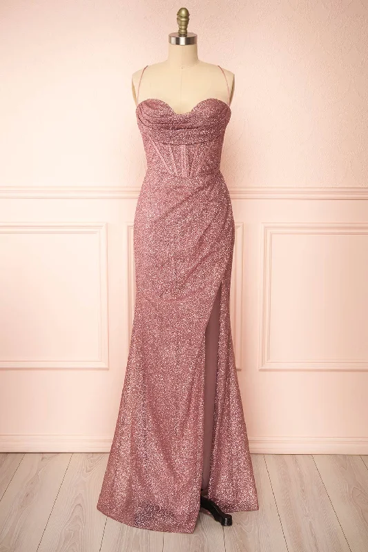 Bridesmaid dress destination party look -Frosti Mauve | Sparkly Cowl Neck Maxi Dress Bridesmaid dress destination party look -Frosti Mauve | Sparkly Cowl Neck Maxi Dress