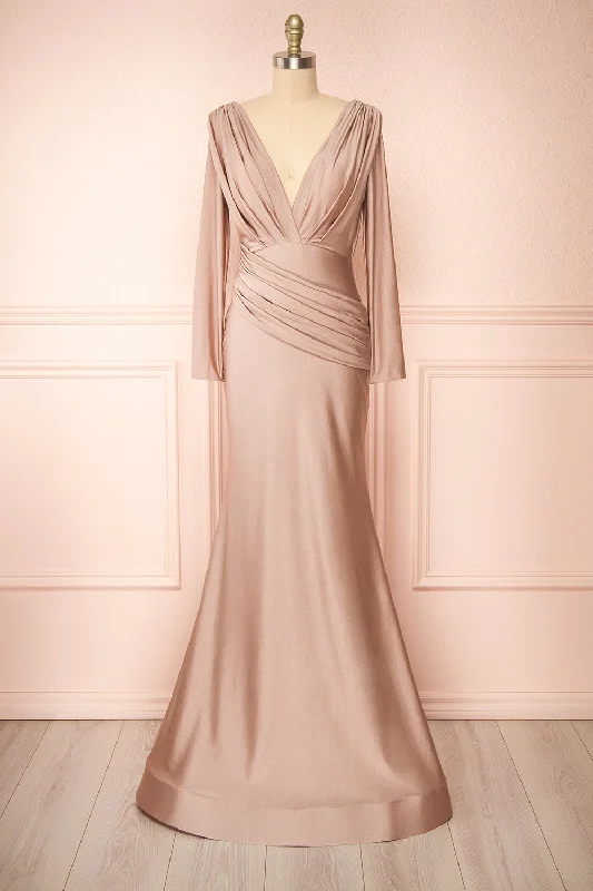romantic off-the-shoulder bridesmaid dresses-Lenai Taupe | Draped Mermaid Gown w/ Long Sleeves romantic off-the-shoulder bridesmaid dresses-Lenai Taupe | Draped Mermaid Gown w/ Long Sleeves