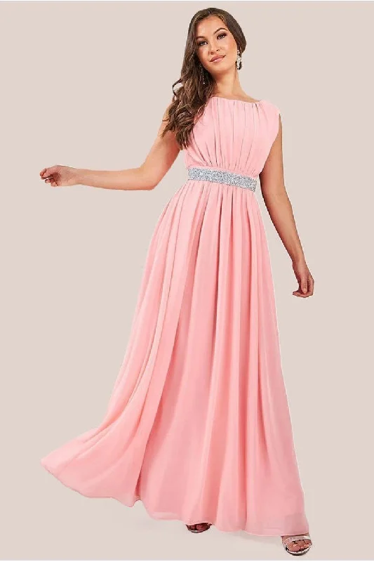 Bridesmaid dress that is comfortable styles -Chiffon Maxi With Embellished Belt - Peach by Goddiva Bridesmaid dress that is comfortable styles -Chiffon Maxi With Embellished Belt - Peach by Goddiva