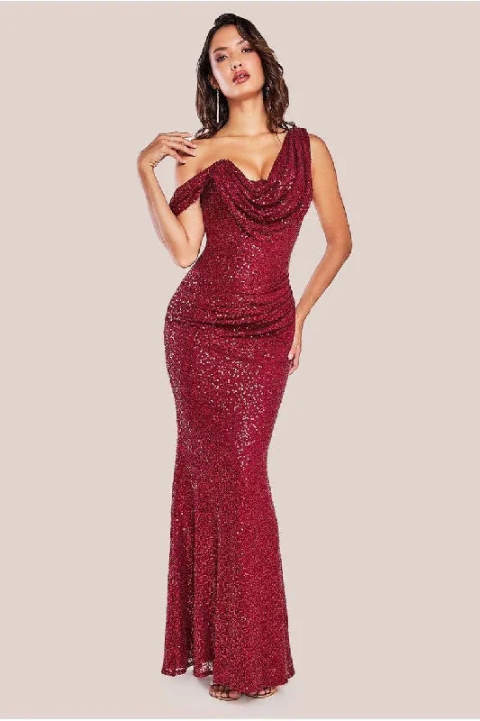 Dress for bridesmaid gala events themes now -Goddiva Sequin Cowl One Shoulder Maxi Dress - Wine Dress for bridesmaid gala events themes now -Goddiva Sequin Cowl One Shoulder Maxi Dress - Wine