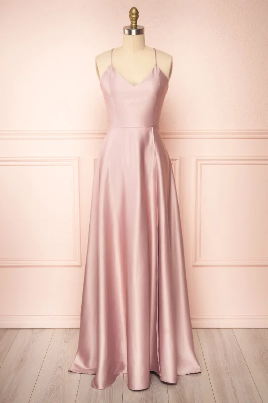 Bridesmaid dress with a midi length styles -Julia Mauve | Satin Maxi Dress w/ High Slit Bridesmaid dress with a midi length styles -Julia Mauve | Satin Maxi Dress w/ High Slit