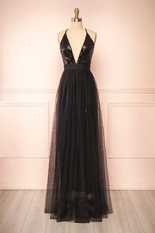 Bridesmaid dress with a high neckline designs -Kaia Black | Black Sequin Gown
