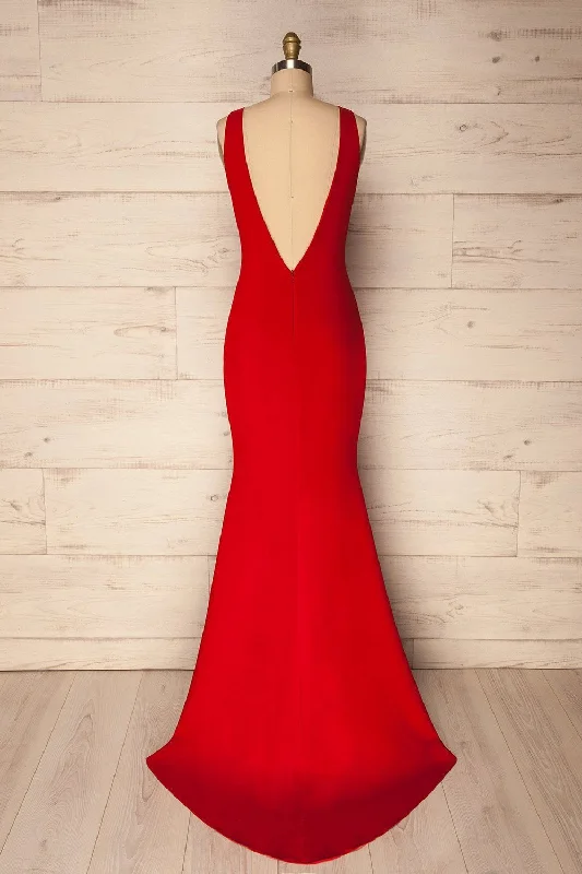 Bridesmaid dress one-shoulder design styles -Sanya Red | Backless Mermaid Gown