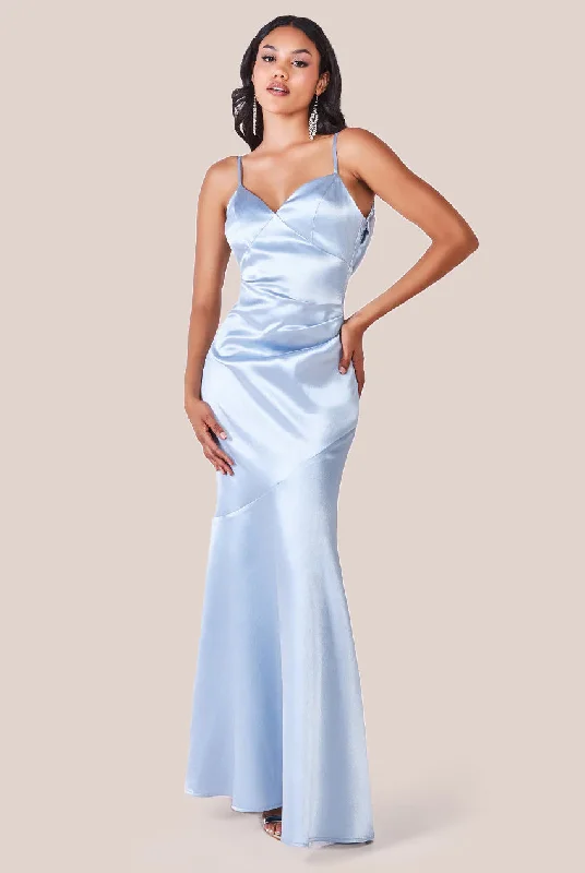 Bridesmaid dress pear shape body type -Goddiva Cowl Back Satin Maxi Dress - Blue