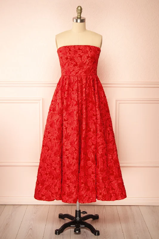 v-neck bridesmaid dresses for elegant style-Reyna Red | Long Textured Floral Dress v-neck bridesmaid dresses for elegant style-Reyna Red | Long Textured Floral Dress