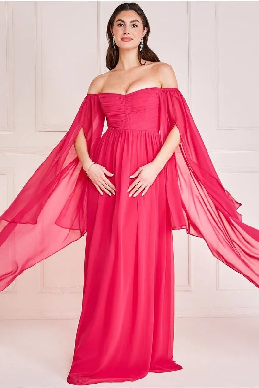 Bridesmaid dress in velvet fabric styles -Chiffon Off The Shoulder Maxi With Cape Sleeves - Hot Pink by Goddiva Bridesmaid dress in velvet fabric styles -Chiffon Off The Shoulder Maxi With Cape Sleeves - Hot Pink by Goddiva