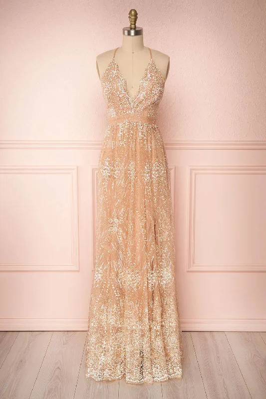 Bridesmaid dress that is show-stopping designs -Sharidan Rosegold | Glitter Mesh Maxi Dress