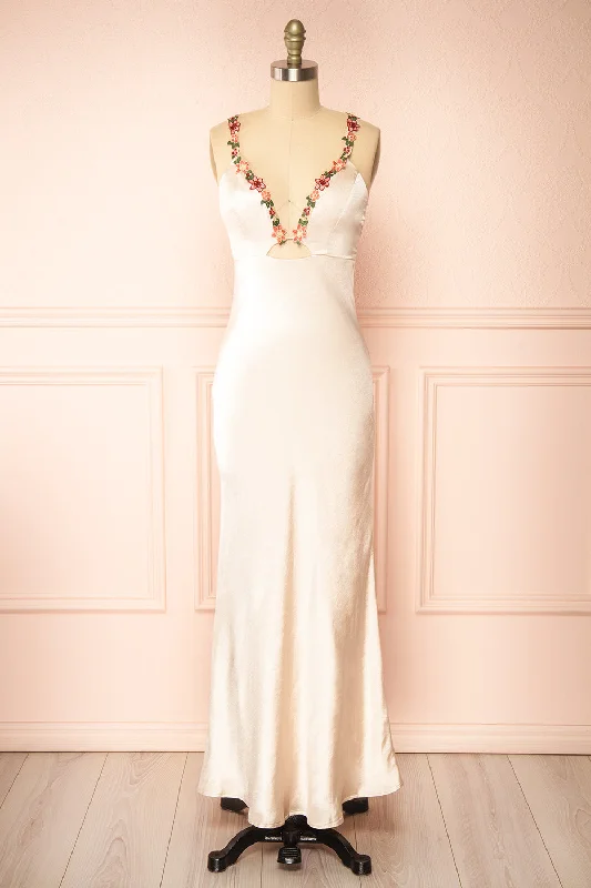 Bridesmaid dress with embellishments design -Envya Champagne | Satin Maxi Dress w/ Floral Embroidery Bridesmaid dress with embellishments design -Envya Champagne | Satin Maxi Dress w/ Floral Embroidery