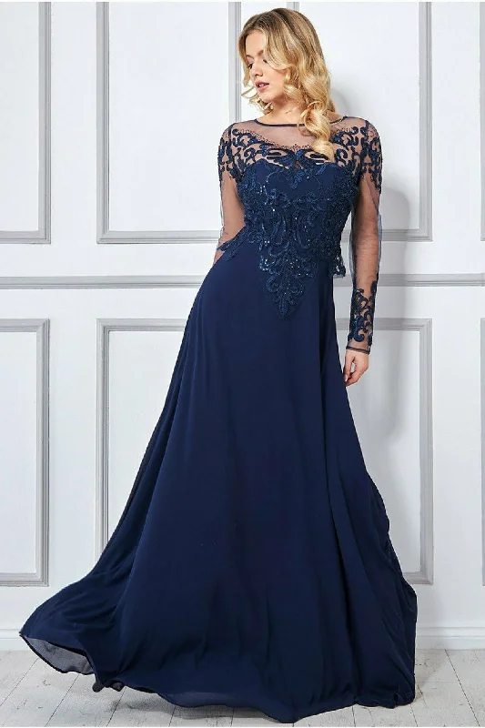 Bridesmaid dress with an open back styles -Goddiva Mesh & Lace Embroidered Bodice Maxi - Navy