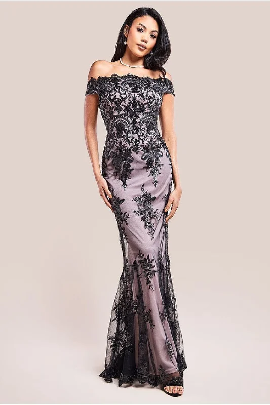 Bridesmaid dress with stylish belt accents -Bardot Sequin Embroidered Maxi Dress - Black by Goddiva Bridesmaid dress with stylish belt accents -Bardot Sequin Embroidered Maxi Dress - Black by Goddiva