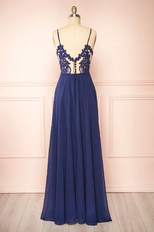 Bridesmaid dress with a high neckline designs -Peggie Navy | Chiffon Maxi Dress w/ Back Embroidery Bridesmaid dress with a high neckline designs -Peggie Navy | Chiffon Maxi Dress w/ Back Embroidery