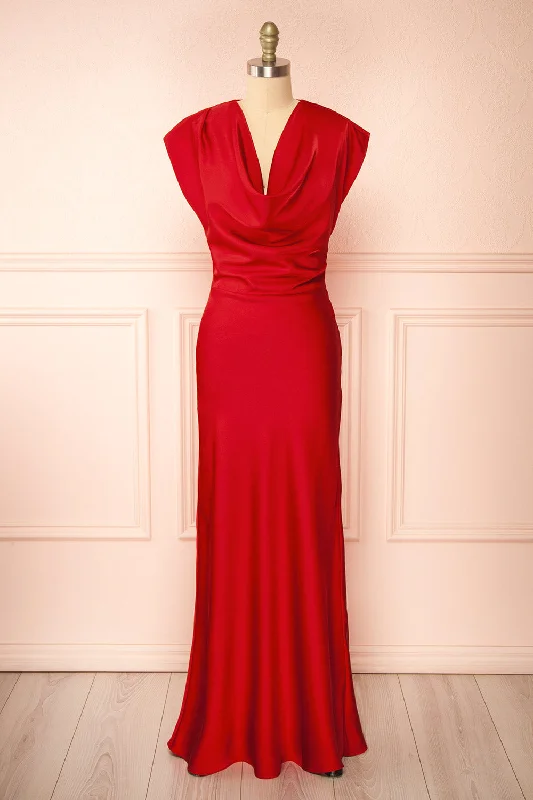 plus size bridesmaid dresses for all figures-​Korpa Red | Satin Maxi Dress w/ Cowl Neck