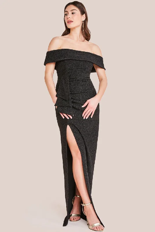 Bridesmaid dress with a train details styles -Sparkle Bardot Maxi With Waterfall Ruffle - Black by Goddiva