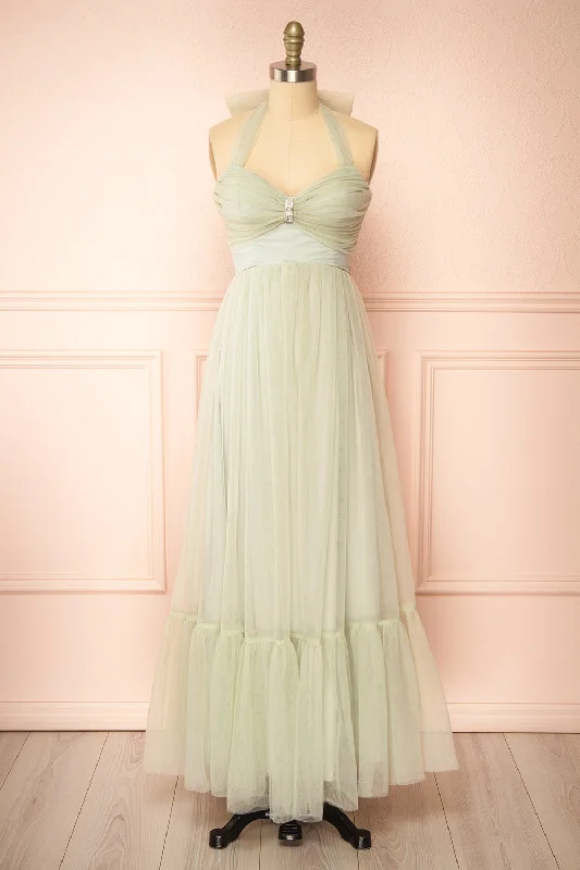 Bridesmaid dress destination party look -Emberly | Sage Tulle Dress w/ Halter Neck