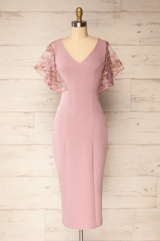high-low bridesmaid dresses for modern twist-​Myrania Mauve | Fitted Midi Dress w/ Embroidered Sleeves