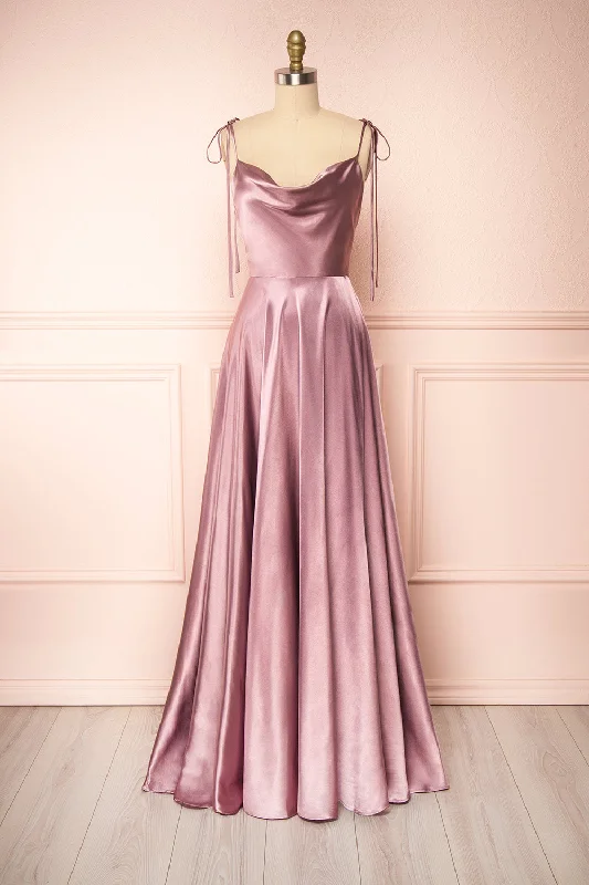 Bridesmaid dress: hair and makeup styles -Moira Mauve | Cowl Neck Satin Maxi Dress w/ High Slit Bridesmaid dress: hair and makeup styles -Moira Mauve | Cowl Neck Satin Maxi Dress w/ High Slit