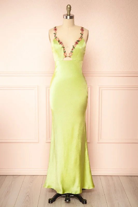Dress for a winter wedding bridesmaid wear -Envya Green | Satin Maxi Dress w/ Floral Embroidery Dress for a winter wedding bridesmaid wear -Envya Green | Satin Maxi Dress w/ Floral Embroidery