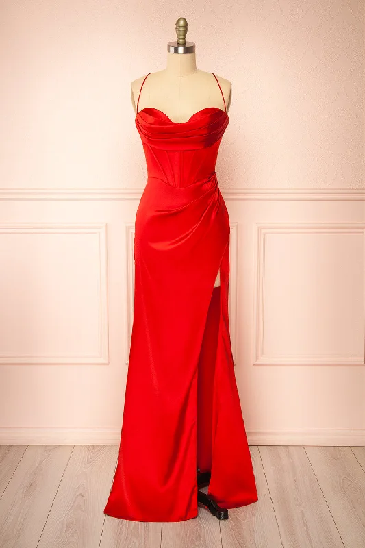 Bridesmaid dress jewel tones rich styles -Kesha Red | Corset Cowl Neck Maxi Dress