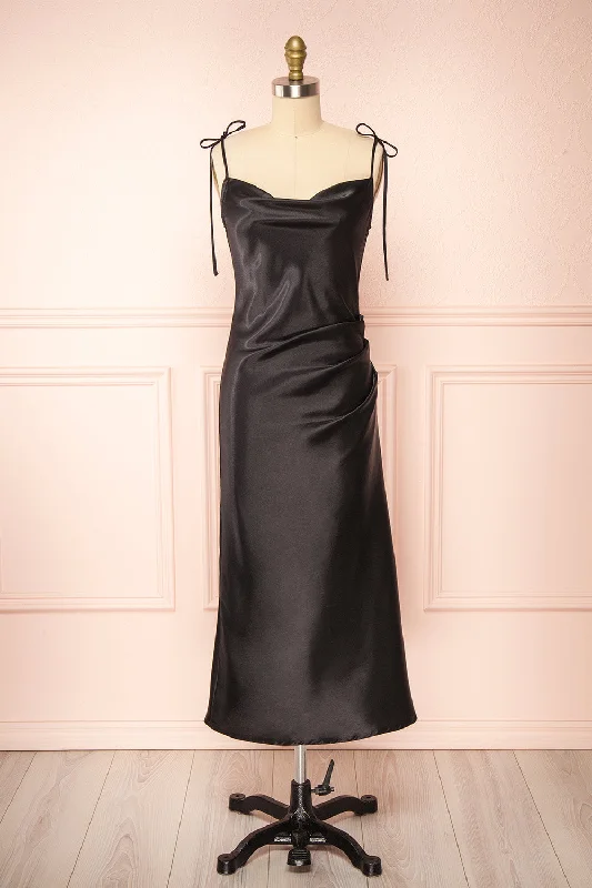 high fashion bridesmaid dresses for chic look-​Elyse Black | Cowl Neck Midi Dress