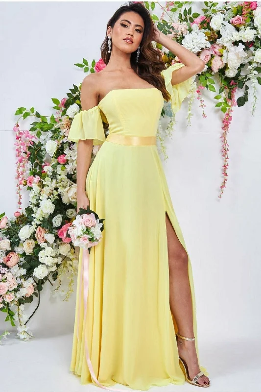 romantic off-the-shoulder bridesmaid dresses-Draped Off The Shoulder Maxi With Split - Yellow by Goddiva romantic off-the-shoulder bridesmaid dresses-Draped Off The Shoulder Maxi With Split - Yellow by Goddiva