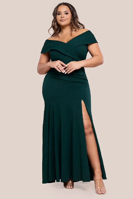 chic red bridesmaid dresses for daring style-Scuba Crepe Off Shoulder Front Split Maxi Dress - Emerald Green by Goddiva Plus chic red bridesmaid dresses for daring style-Scuba Crepe Off Shoulder Front Split Maxi Dress - Emerald Green by Goddiva Plus