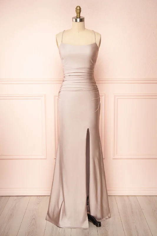 purple bridesmaid dresses for royal vibe-​Sonia Taupe | Mermaid Maxi Dress w/ Slit