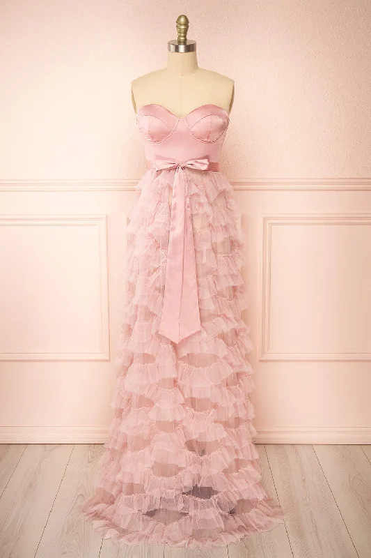 Bridesmaid dress wrinkle-resistant fabric -Jurin Blush | Bustier Maxi Dress w/ Ruffled Tulle Bridesmaid dress wrinkle-resistant fabric -Jurin Blush | Bustier Maxi Dress w/ Ruffled Tulle