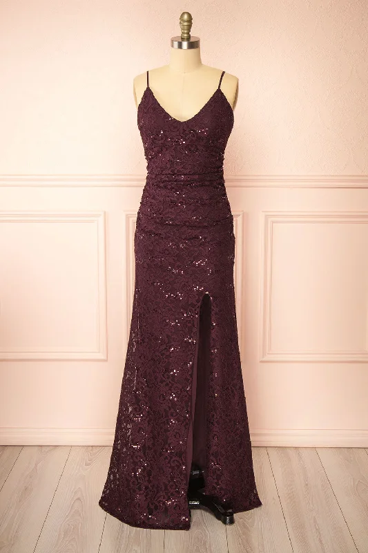 fashion-forward bridesmaid dresses for trendy weddings-Samy Burgundy | Sparkly Lace Mermaid Dress w/ Slit fashion-forward bridesmaid dresses for trendy weddings-Samy Burgundy | Sparkly Lace Mermaid Dress w/ Slit