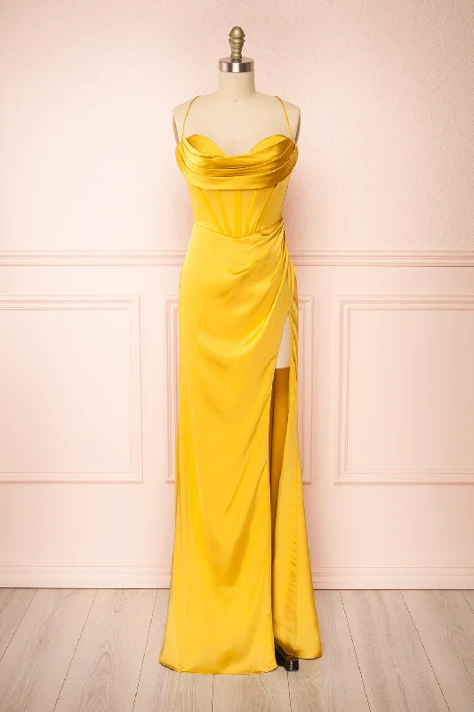 Bridesmaid dress that is head-turning styles -Kesha Yellow | Corset Cowl Neck Maxi Dress Bridesmaid dress that is head-turning styles -Kesha Yellow | Corset Cowl Neck Maxi Dress