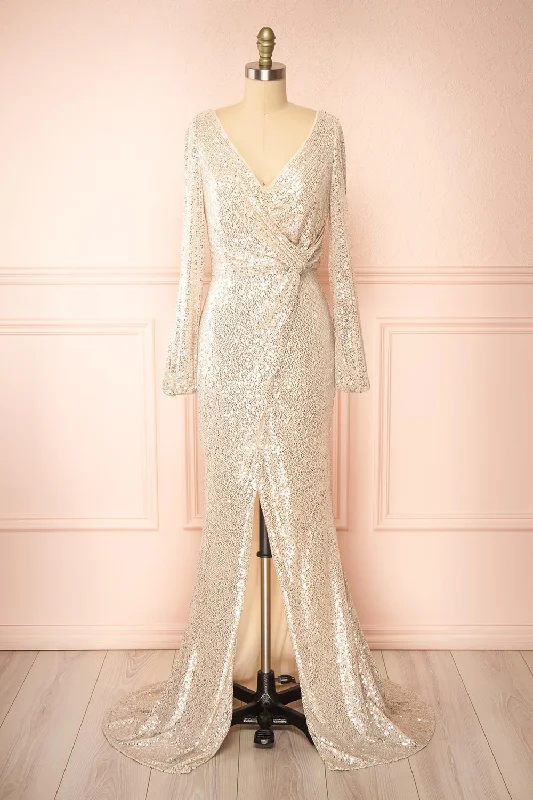 Dress for bridesmaid festive gatherings themes -Roxy Champagne | Sequins Long-Sleeved Maxi Dress Dress for bridesmaid festive gatherings themes -Roxy Champagne | Sequins Long-Sleeved Maxi Dress