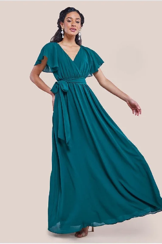 Bridesmaid dress with elegant scarf styling -Sustainable Chiffon Flutter Sleeve Wrap Maxi Dress - Green by Goddiva Bridesmaid dress with elegant scarf styling -Sustainable Chiffon Flutter Sleeve Wrap Maxi Dress - Green by Goddiva
