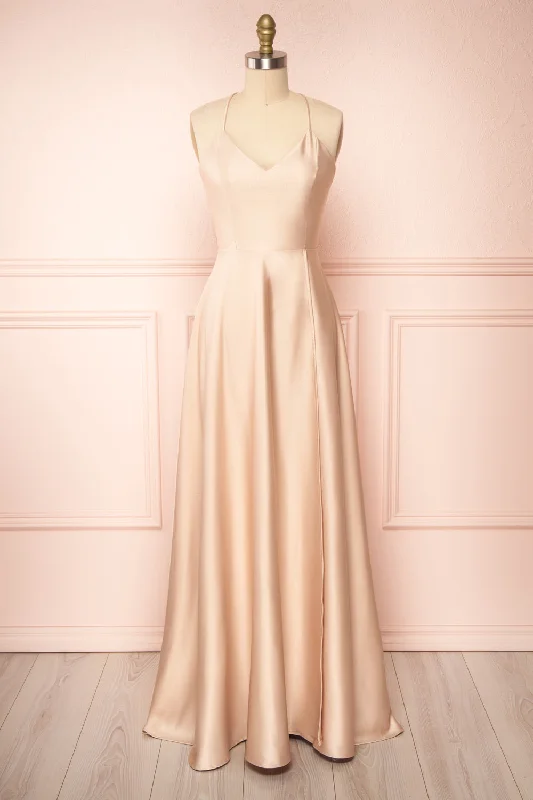 Bridesmaid dress with a square neckline designs -Julia Champagne | Satin Maxi Dress w/ High Slit Bridesmaid dress with a square neckline designs -Julia Champagne | Satin Maxi Dress w/ High Slit