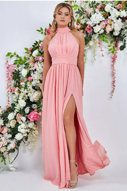 Bridesmaid dress: shoe pairing guide online -Goddiva Halterneck Chiffon Maxi Dress With Thigh Split - Peach Bridesmaid dress: shoe pairing guide online -Goddiva Halterneck Chiffon Maxi Dress With Thigh Split - Peach