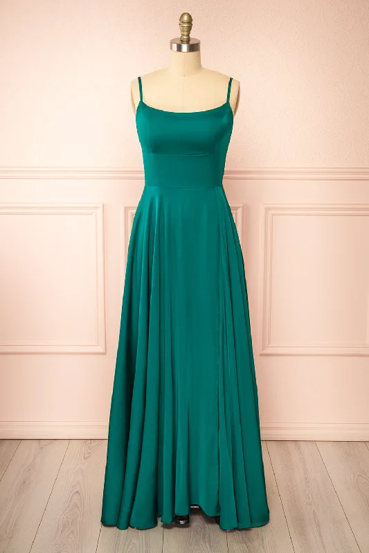 Dress for a beach wedding bridesmaid -Darcy Green | Maxi Satin Dress w/ Slit