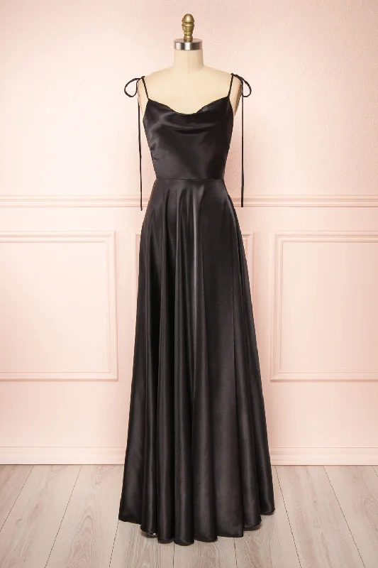 Bridesmaid dress: feel confident wear them -Moira Black | Cowl Neck Satin Maxi Dress w/ High Slit Bridesmaid dress: feel confident wear them -Moira Black | Cowl Neck Satin Maxi Dress w/ High Slit