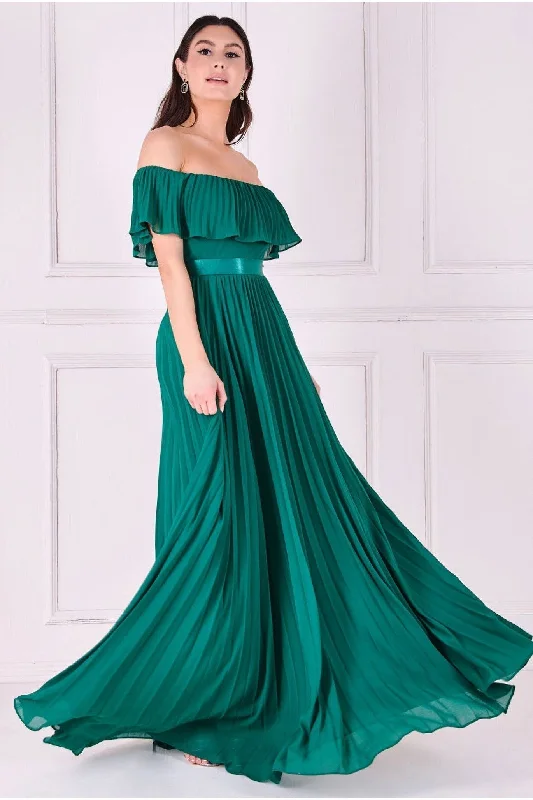 Bridesmaid dress positive reviews style -Goddiva Pleated Chiffon Off Shoulder Maxi Dress - Green Bridesmaid dress positive reviews style -Goddiva Pleated Chiffon Off Shoulder Maxi Dress - Green