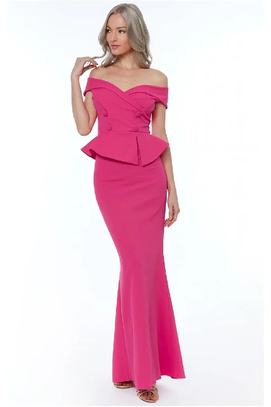 Bridesmaid dress with formal gloves pairing -Bardot Crossover Maxi Dress - Cerise by Goddiva Bridesmaid dress with formal gloves pairing -Bardot Crossover Maxi Dress - Cerise by Goddiva