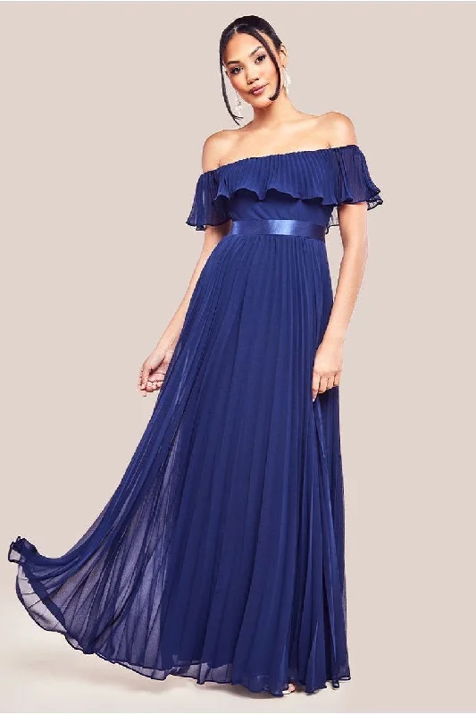 Bridesmaid dress with leather jacket style -Goddiva Pleated Chiffon Off Shoulder Maxi Dress - Navy Bridesmaid dress with leather jacket style -Goddiva Pleated Chiffon Off Shoulder Maxi Dress - Navy