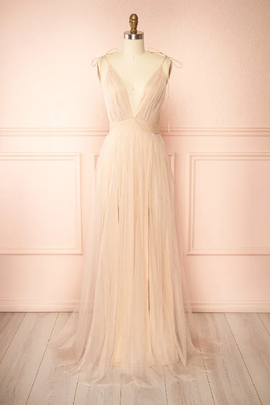HexoHyedi Beige | Tulle Gown with Plunging Neckline