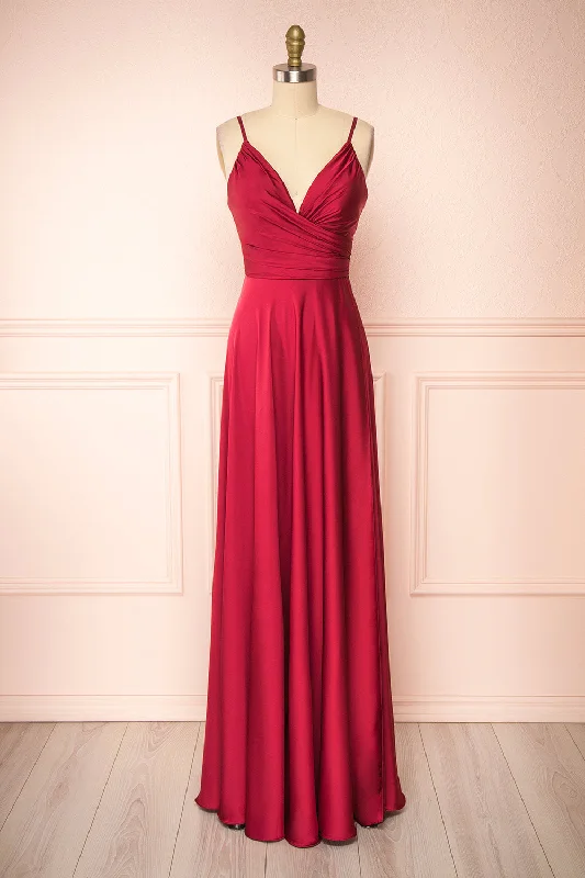 Bridesmaid dress statement jewelry styles -Lizza Burgundy | Satin Maxi Dress w/ Slit Bridesmaid dress statement jewelry styles -Lizza Burgundy | Satin Maxi Dress w/ Slit