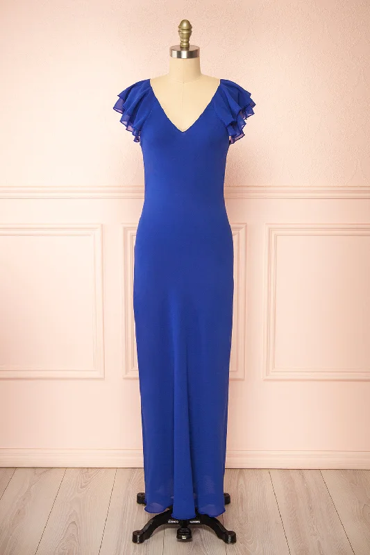 Dress for bridesmaid theme ideas for events -Fieria | Blue Maxi Dress w/ Ruffled Sleeves Dress for bridesmaid theme ideas for events -Fieria | Blue Maxi Dress w/ Ruffled Sleeves