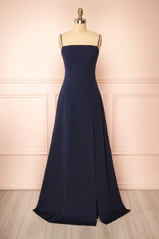 boho style bridesmaid dresses for relaxed charm-Estella Navy | Maxi A-line Dress w/ Slit boho style bridesmaid dresses for relaxed charm-Estella Navy | Maxi A-line Dress w/ Slit