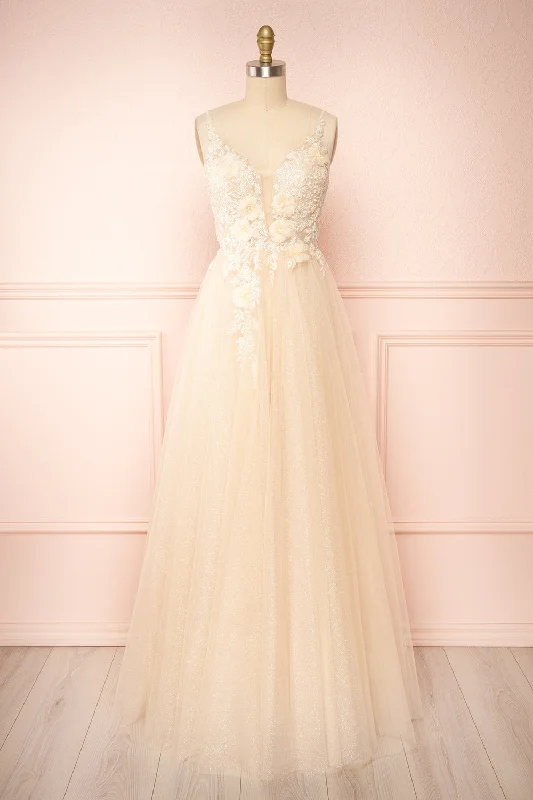 Bridesmaid dress asymmetrical hemline styles -Clara Beige | Maxi Tulle Dress w/ Lace Bodice Bridesmaid dress asymmetrical hemline styles -Clara Beige | Maxi Tulle Dress w/ Lace Bodice