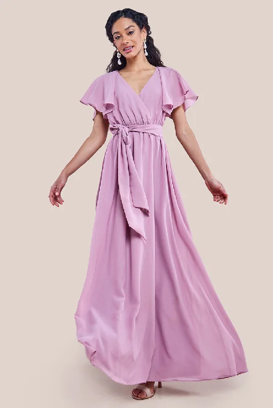 Bridesmaid dress: what styles to choose -Goddiva Sustainable Chiffon Flutter Sleeve Wrap Maxi Dress - Lavender Bridesmaid dress: what styles to choose -Goddiva Sustainable Chiffon Flutter Sleeve Wrap Maxi Dress - Lavender