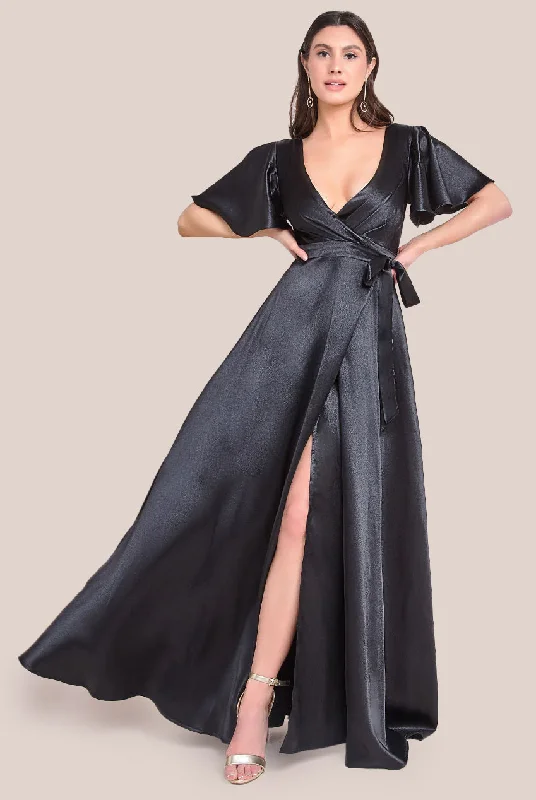 Bridesmaid dress statement jewelry styles -Flutter Sleeve Wrapover Satin Maxi Dress - Black by Goddiva Bridesmaid dress statement jewelry styles -Flutter Sleeve Wrapover Satin Maxi Dress - Black by Goddiva