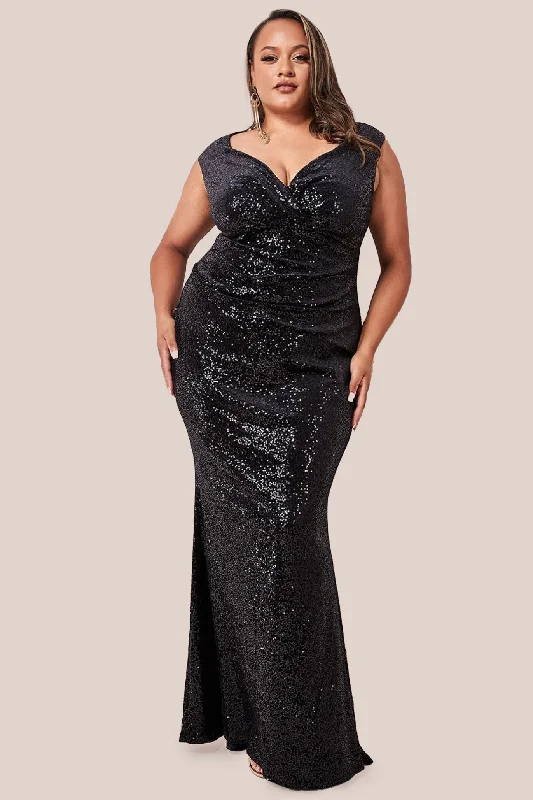 off-the-shoulder bridesmaid dresses for summer-Goddiva Plus Sequin & Velvet Bardot Maxi Dress - Black off-the-shoulder bridesmaid dresses for summer-Goddiva Plus Sequin & Velvet Bardot Maxi Dress - Black