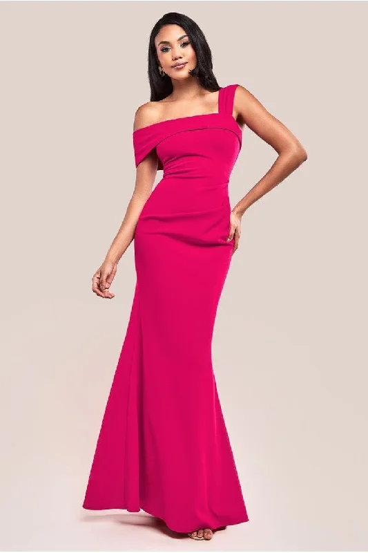 Dress for bridesmaid holiday celebrations themes -Goddiva Off The Shoulder Pleated Waist Maxi Dress - Hot Pink