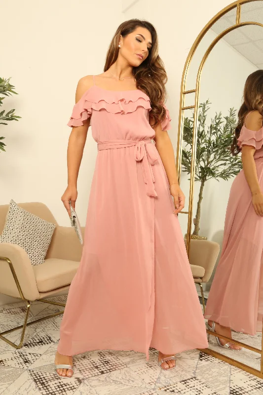Dress for bridesmaid maxi styles for women -Pink Double Frill Off Shoulder Wrap Maxi Dress by Double Second Dress for bridesmaid maxi styles for women -Pink Double Frill Off Shoulder Wrap Maxi Dress by Double Second