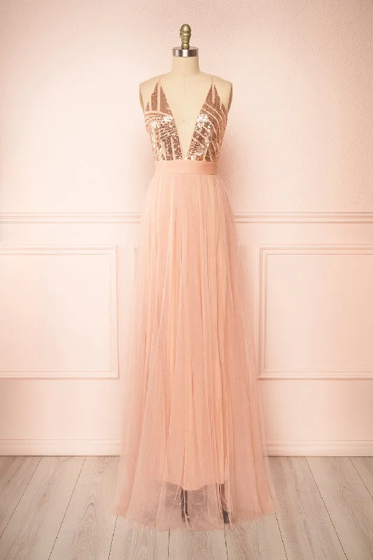 off-shoulder bridesmaid dresses for chic style-​Kaia Pink | Dusty Pink Sequin Gown